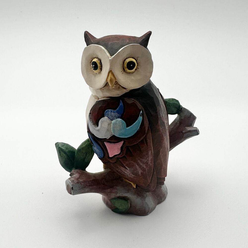 Jim Shore Enesco Mini Miniature Wide Eyed Owl Sitting On Tree Stump Figurine 3.5